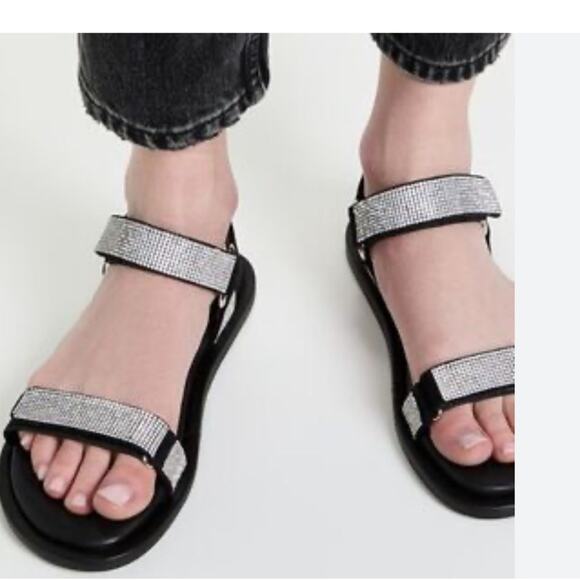 STAUD Black Flat rhinestone Sandals with Velcro closures size 39 - Picture 3 of 14